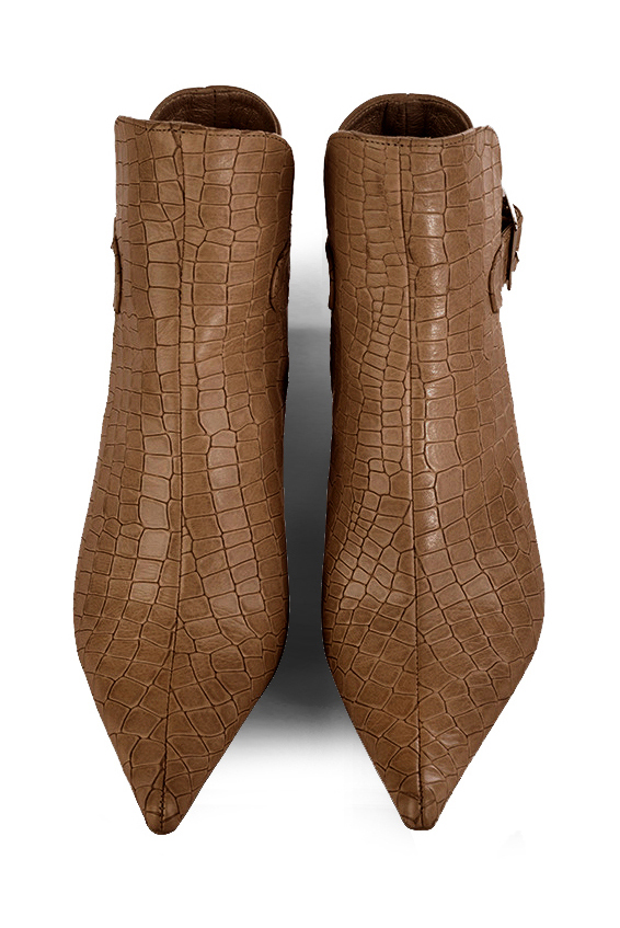 Caramel brown women's ankle boots with buckles at the back. Pointed toe. Medium comma heels. Top view - Florence KOOIJMAN